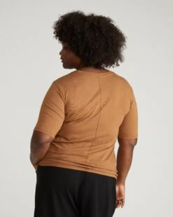 Pima Cotton Elbow Length Sleeve Tee - Premium Camel Stovepipe Top -UNIVERSAL STANDARD USTO0549 211 Maia Stovepipe Sleeve Tee Camel 003 039