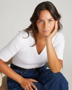 Maia White V-Neck Pima Cotton Tee with Stovepipe Sleeves