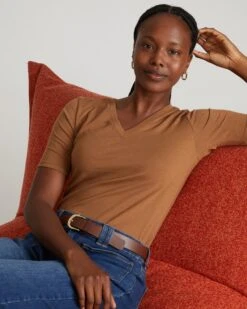 Pima Cotton V-Neck Tee with Elegant Stovepipe Sleeves - Classic Camel