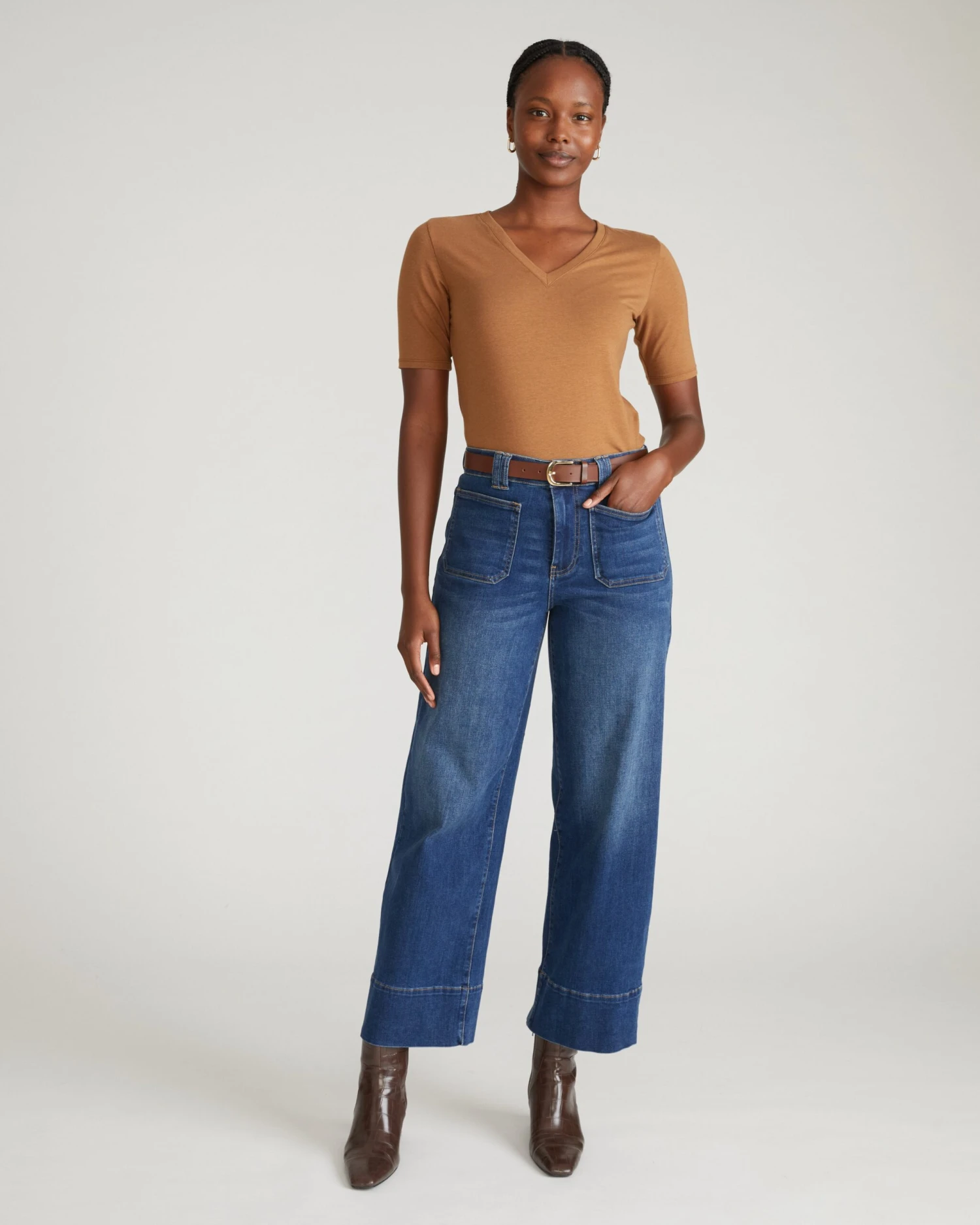 Pima Cotton V-Neck Tee with Elegant Stovepipe Sleeves - Classic Camel 4 Pima Cotton V-Neck Tee with Elegant Stovepipe Sleeves - Classic Camel - Image 2