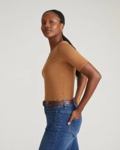 Pima Cotton V-Neck Tee with Elegant Stovepipe Sleeves - Classic Camel 7 Pima Cotton V-Neck Tee with Elegant Stovepipe Sleeves - Classic Camel -UNIVERSAL STANDARD USTO0549V 211 Maia Stovepipe Sleeve V Neck Tee Camel 003 004