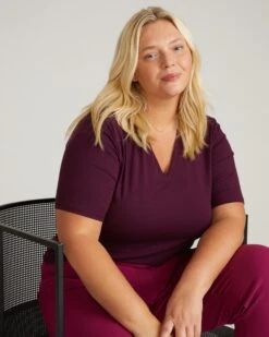 Women's V-Neck Pima Cotton Stovepipe Sleeve Tee - Gamay