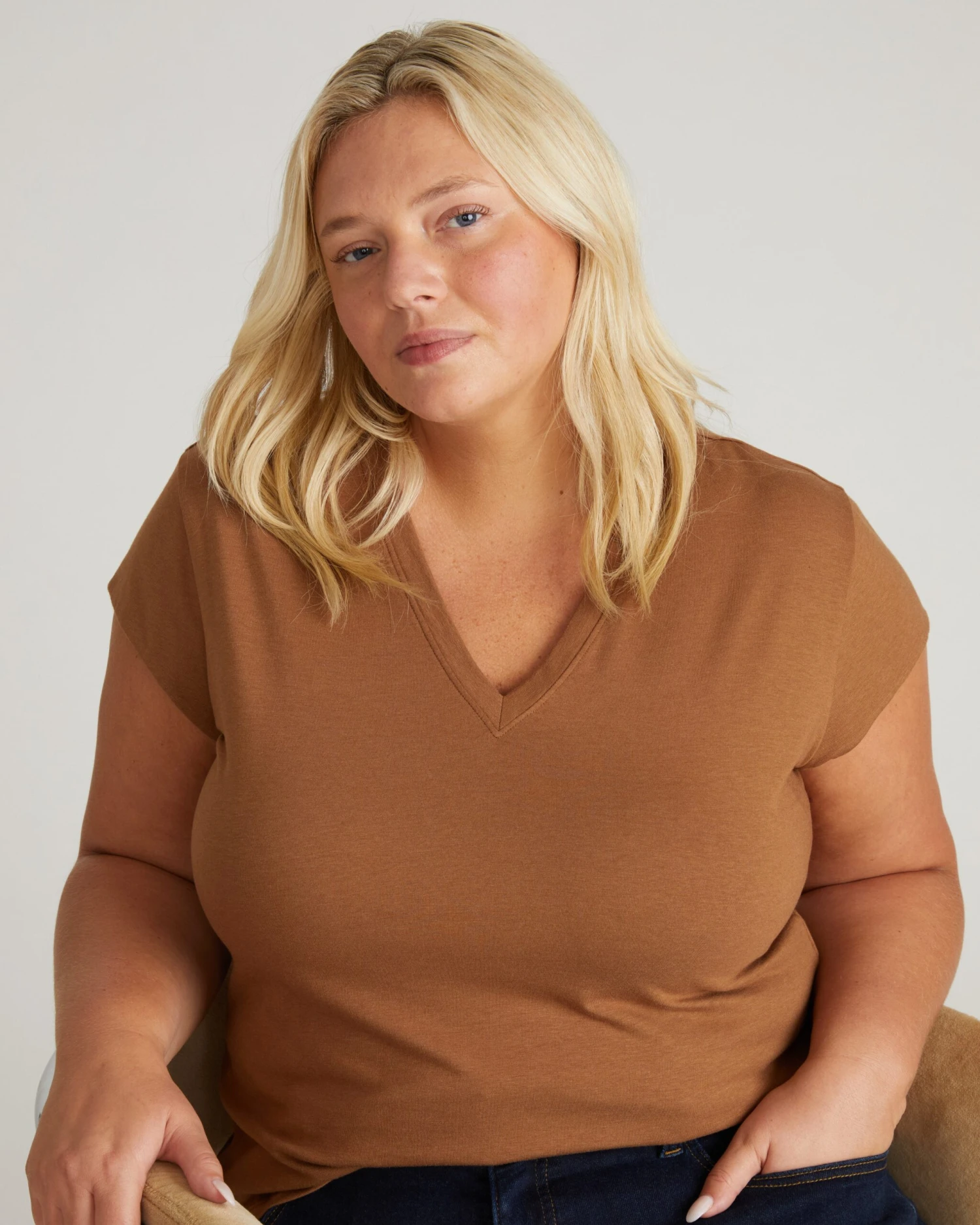 Women's V Neck Cap Sleeve Tee - Premium Pima Cotton - Classic Camel 3 Women's V Neck Cap Sleeve Tee - Premium Pima Cotton - Classic Camel