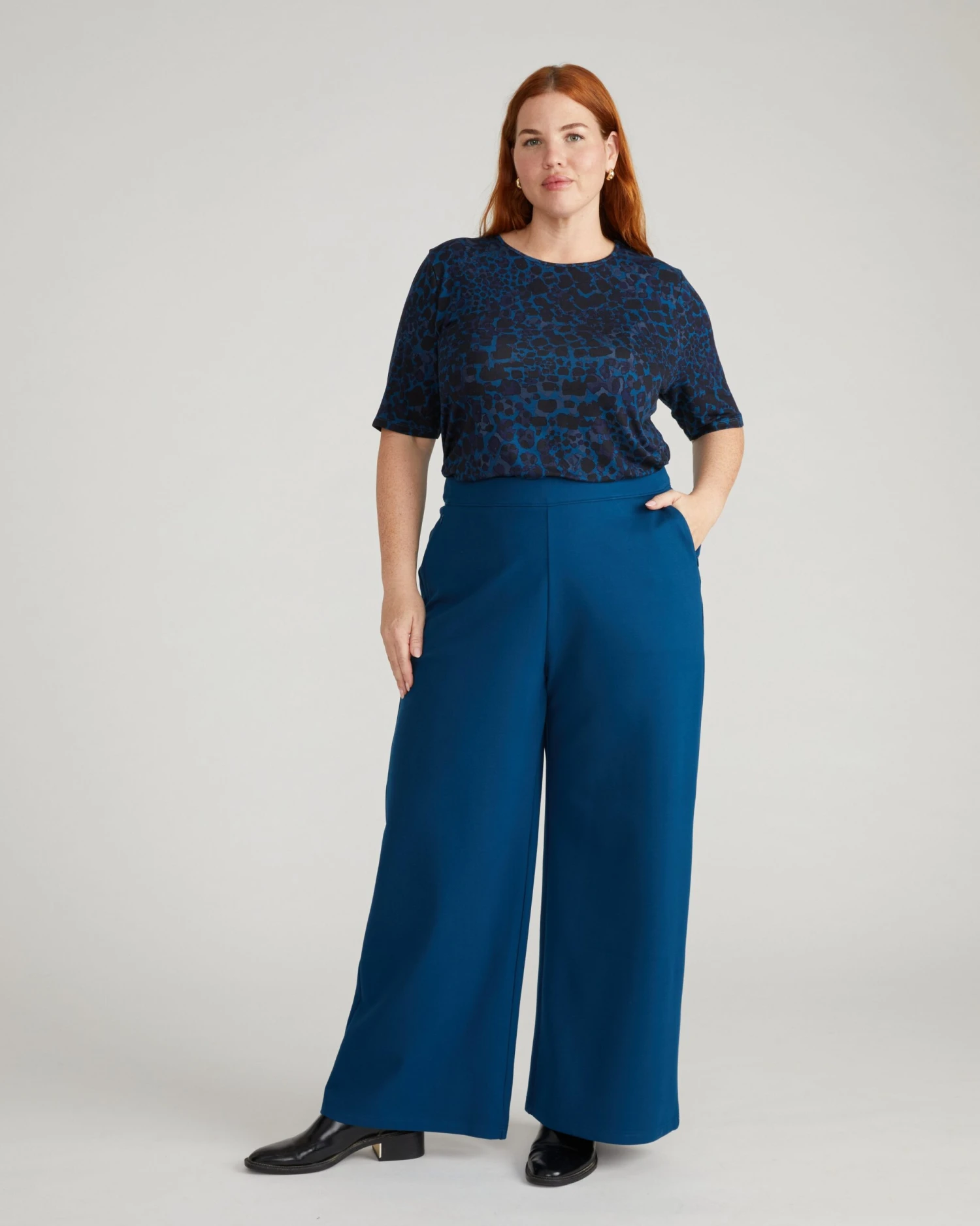 Lily Liquid Jersey Crew Neck Stovepipe Tee - Deep Teal Animal Print 3 Lily Liquid Jersey Crew Neck Stovepipe Tee - Deep Teal Animal Print