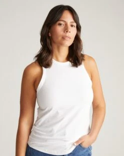 White High Neck Sleeveless Tank Top - Premium Pima Cotton