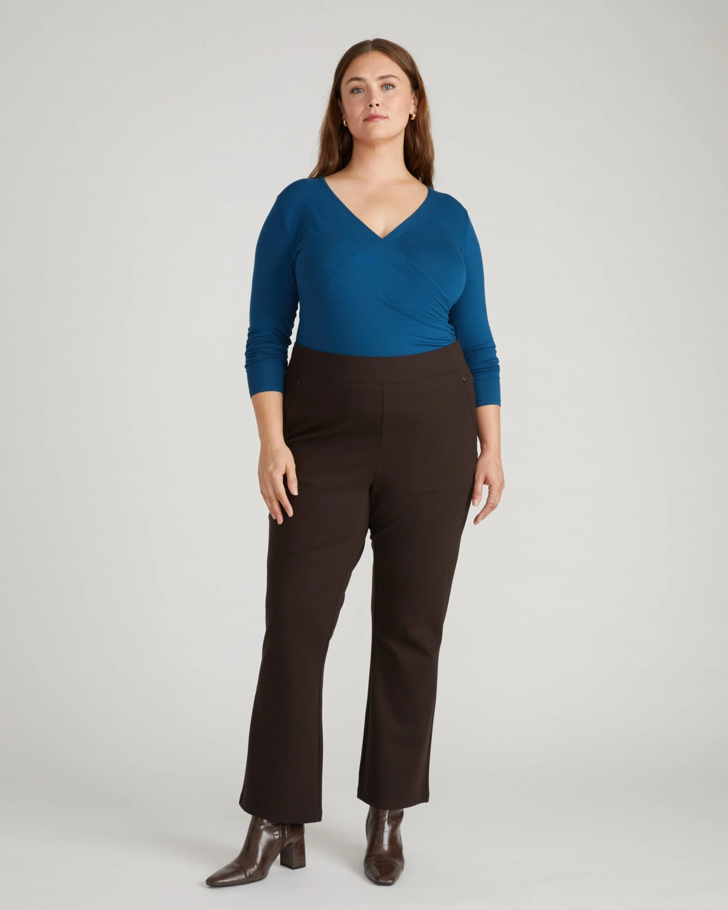 Two-Way Adjustable Long Sleeve Cross Top in Deep Teal Liquid Jersey