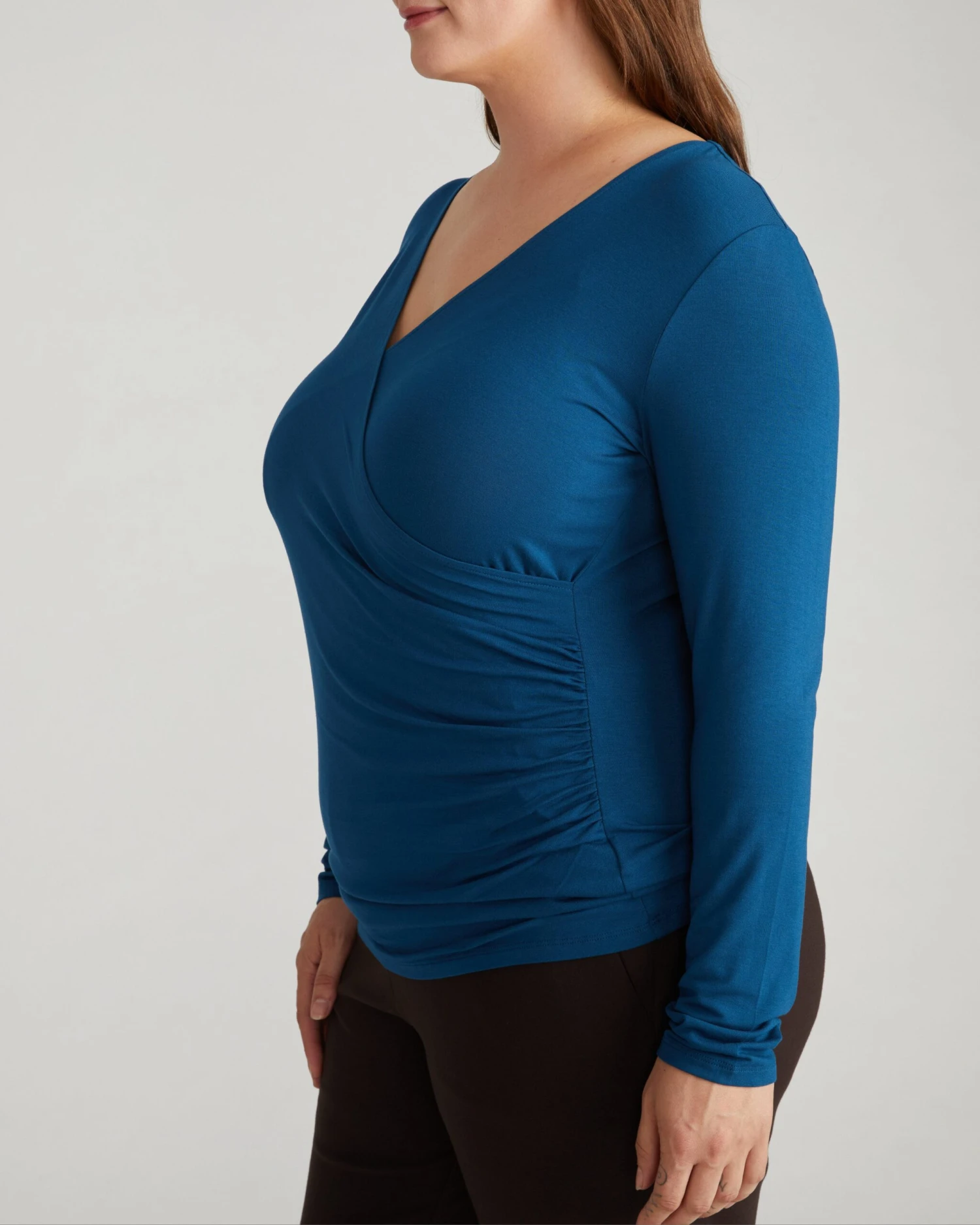 Two-Way Adjustable Long Sleeve Cross Top in Deep Teal Liquid Jersey - Image 2