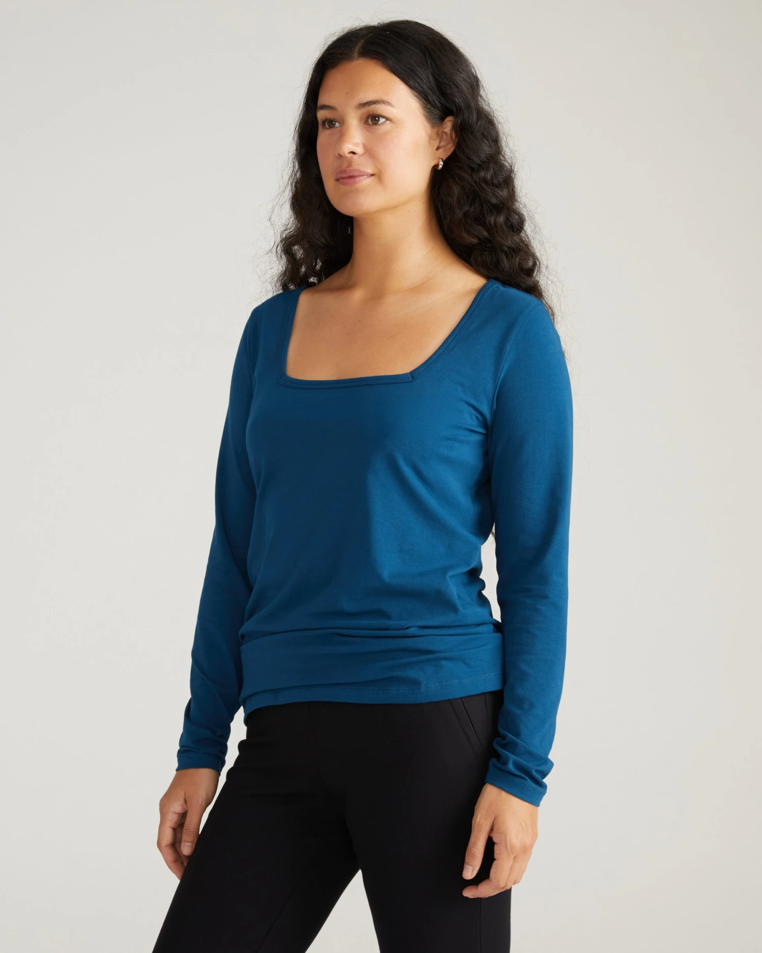 Square Neck Long Sleeve Tee - Slim Fit Peruvian Cotton Top - Deep Teal 4 Square Neck Long Sleeve Tee - Slim Fit Peruvian Cotton Top - Deep Teal - Image 2