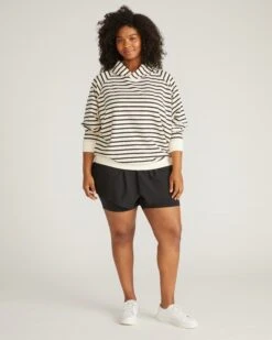 French Terry Pullover Hoodie - Ecru/Black Stripe Cropped Sweatshirt