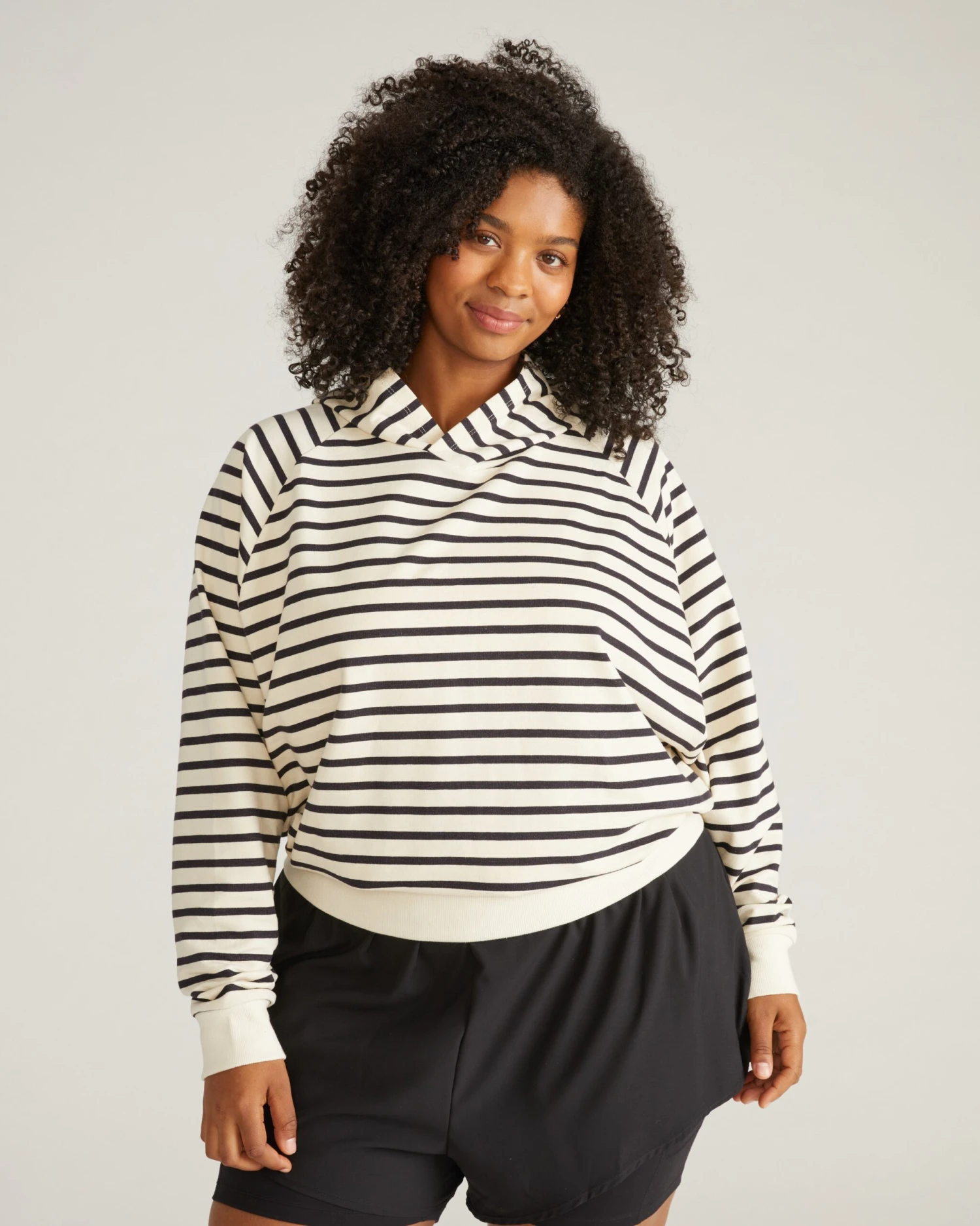 French Terry Pullover Hoodie - Ecru/Black Stripe Cropped Sweatshirt 4 French Terry Pullover Hoodie - Ecru/Black Stripe Cropped Sweatshirt - Image 2