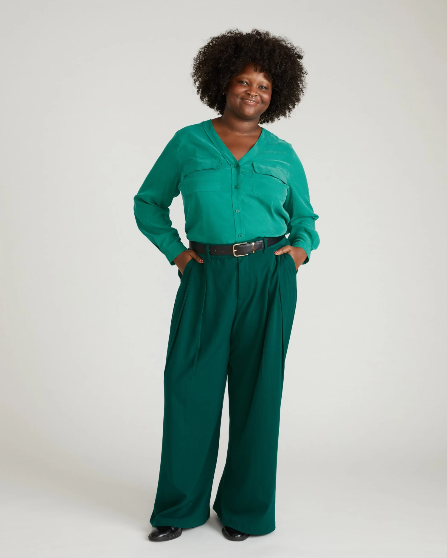 Cooling Stretch Cupro Button-Down Blouse - Green Tourmaline 3 Cooling Stretch Cupro Button-Down Blouse - Green Tourmaline