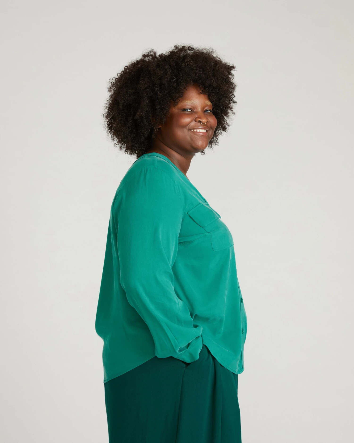 Cooling Stretch Cupro Button-Down Blouse - Green Tourmaline 4 Cooling Stretch Cupro Button-Down Blouse - Green Tourmaline - Image 2