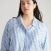Blue and White Striped Hi-Low Tunic - Lightweight Rayon Button-Down Blouse