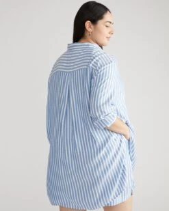 Blue and White Striped Hi-Low Tunic - Lightweight Rayon Button-Down Blouse -UNIVERSAL STANDARD USTO1491C 433 Toni Hi Low Tunic Blue White Stripe 003 099