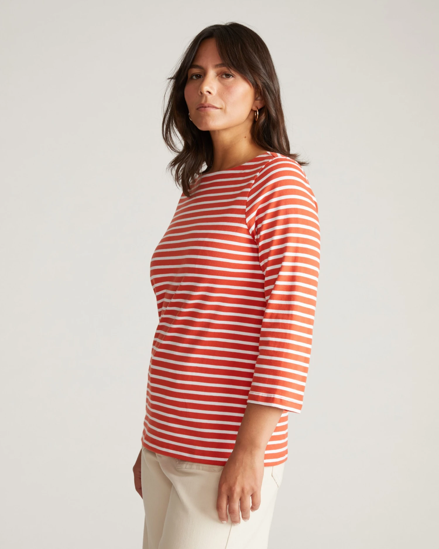 Breton Stripe Jersey Tee - 3/4 Sleeve Boat Neck Top - Coral Reef & White - Image 4