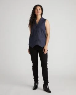 Edwin Denim Look Vest - Dark Indigo 17 Edwin Denim Look Vest - Dark Indigo -UNIVERSAL STANDARD USTO1607B 008 Denim Vest Top Dark Indigo 001 0567