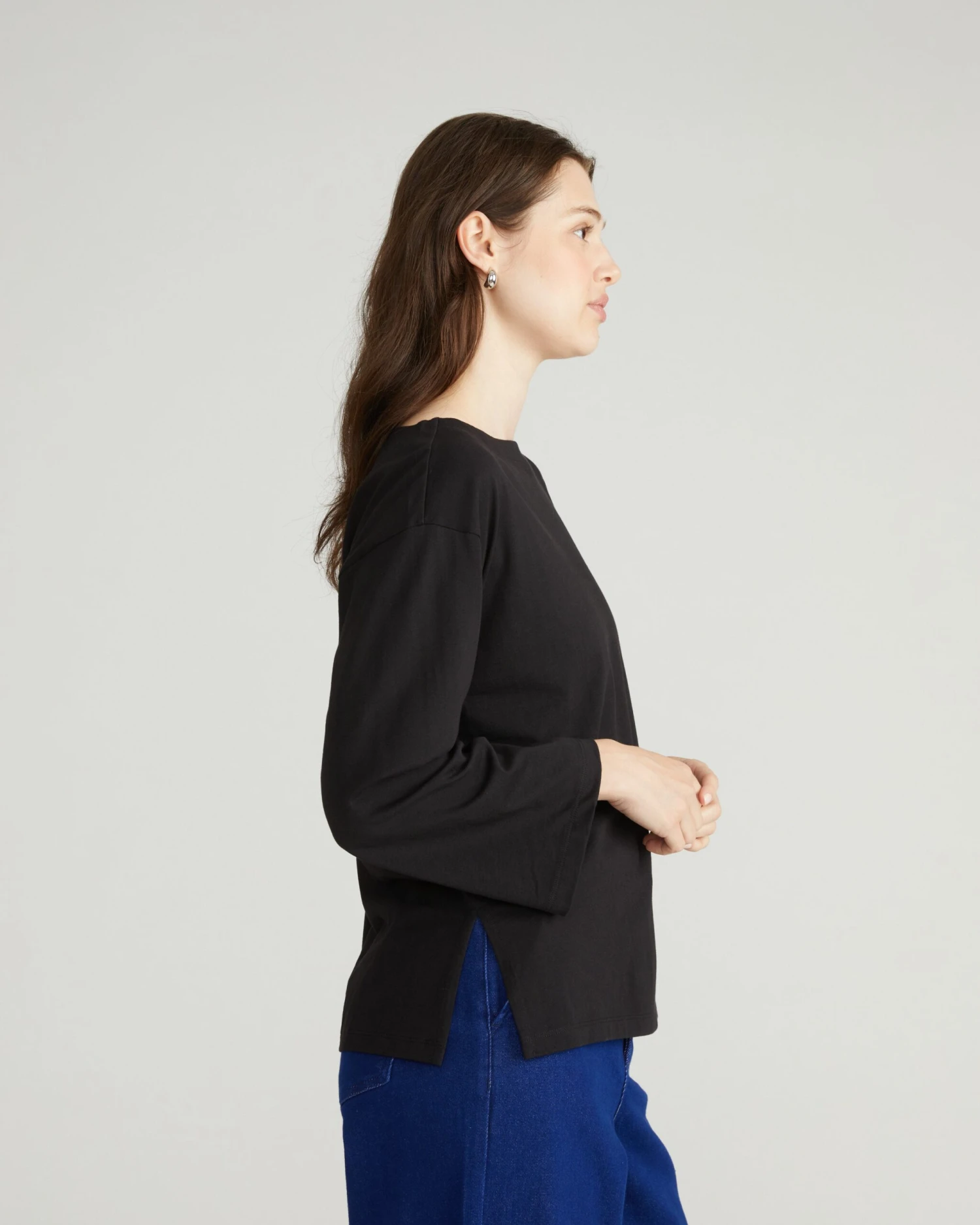Breton Stripe Bell Sleeve Top - Elegant Black Knit Jersey - Image 2