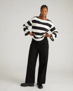 Breton Stripe Bell Sleeve Top - Ecru & Black Rugby Stripe -UNIVERSAL STANDARD USTO1660 1000 Montauk Breton Stripe Bell Sleeve Top Ecru Black Rugby Stripe 001 297