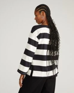 Breton Stripe Bell Sleeve Top - Ecru & Black Rugby Stripe -UNIVERSAL STANDARD USTO1660 1000 Montauk Breton Stripe Bell Sleeve Top Ecru Black Rugby Stripe 002 305