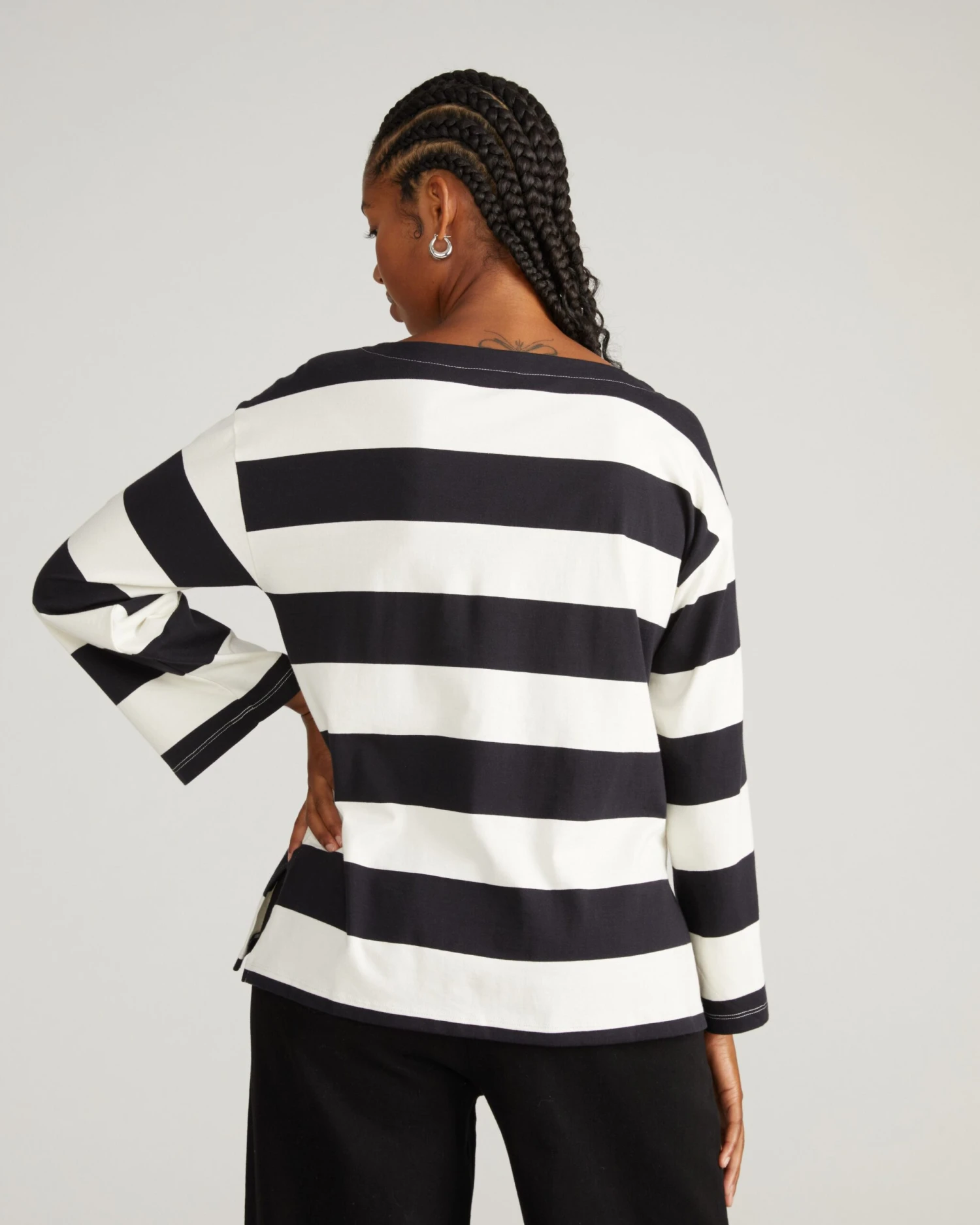 Breton Stripe Bell Sleeve Top - Ecru & Black Rugby Stripe - Image 7
