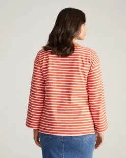 Breton Stripe Bell Sleeve Top - 100% Cotton Nautical Tee -UNIVERSAL STANDARD USTO1660 899 Montauk Breton Stripe Bell Sleeve Top Vermilion Red White Stripe 003 027