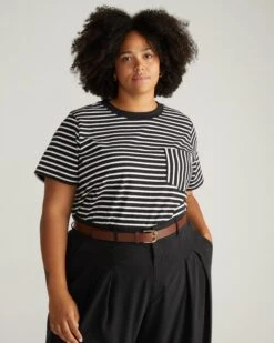 Breton Stripe Cotton Pocket Tee - Black and White Striped T-Shirt
