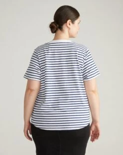 Breton Stripe Cotton Pocket Tee - White & Cenote Peruvian Cotton Top -UNIVERSAL STANDARD USTO1663 717 Breton tee White Ocean Cavern 003 001