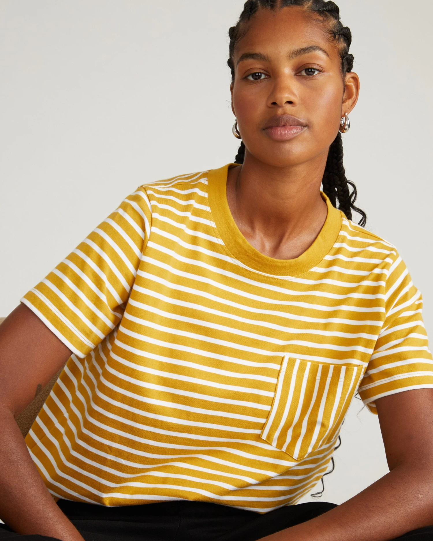 Breton Stripe Cotton Tee - Yellow Ochre Striped Pocket Top - Image 4