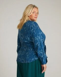 Beacon Stretch Cupro Wrap Shirt - Rose Print In Deep Teal -UNIVERSAL STANDARD USTO1675BXP 936 Stretch Cupro Wrap Shirt Rose Print in Teal 003 169 1bd7a573 d781 4077 897f 682fd90f6290