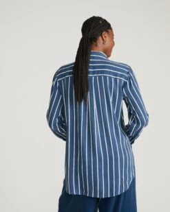 Cooling Stretch Cupro Artist Shirt - Ensign Blue/White Stripe -UNIVERSAL STANDARD USTO1690XP 924 Cooling Stretch Cupro Artist Shirt Ensign Blue Stripe 003 093