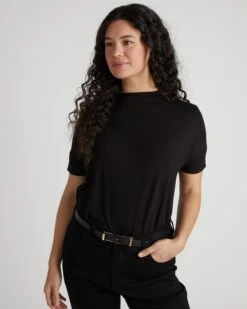 Black Mock Neck Liquid Jersey Top - Petra Blouse 10 Black Mock Neck Liquid Jersey Top - Petra Blouse -UNIVERSAL STANDARD USTO1794 001 Petra Top Black 001 0172