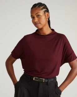 Mock Neck Liquid Jersey Top - Black Cherry Petra