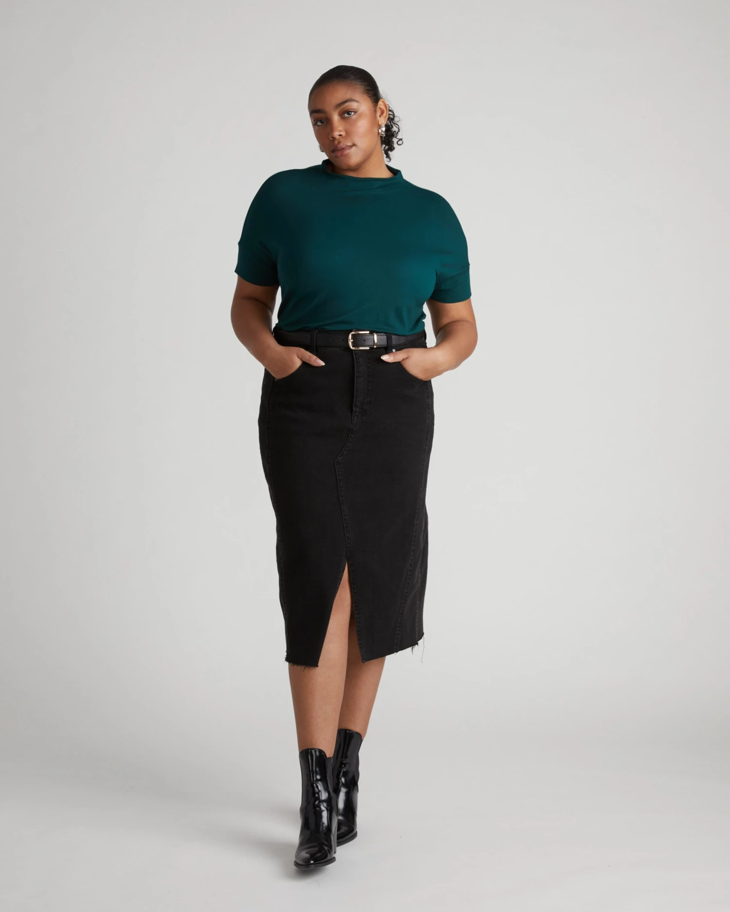 Forest Green Mock Neck Liquid Jersey Top - Petra Dolman Sleeve Blouse 3 Forest Green Mock Neck Liquid Jersey Top - Petra Dolman Sleeve Blouse