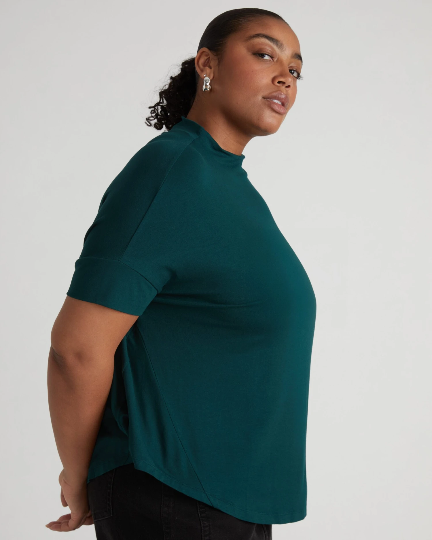 Forest Green Mock Neck Liquid Jersey Top - Petra Dolman Sleeve Blouse 4 Forest Green Mock Neck Liquid Jersey Top - Petra Dolman Sleeve Blouse - Image 2