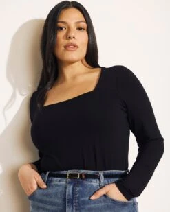 Agatha Square Neck Long Sleeve Liquid Jersey Top in Black
