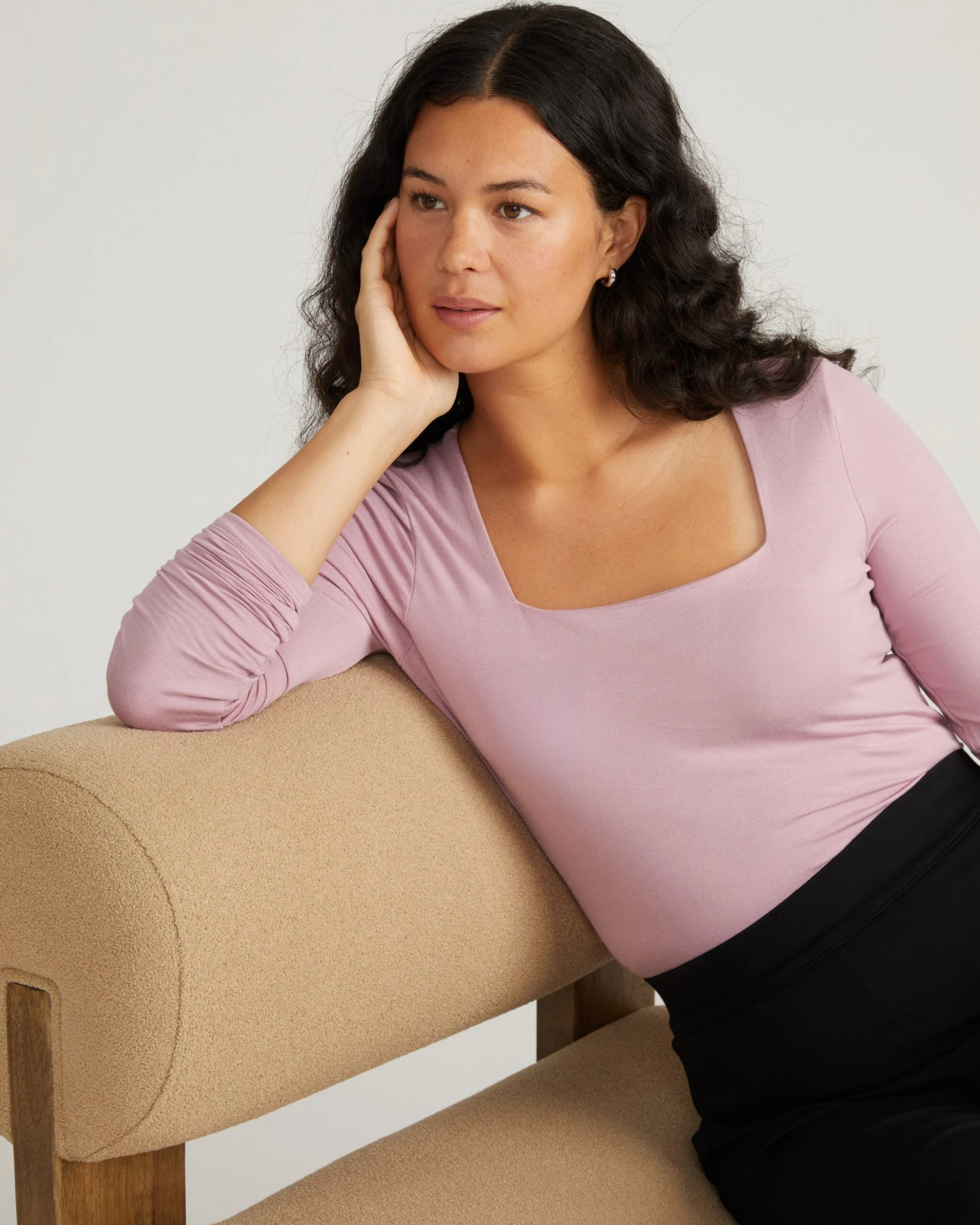 Square Neck Long Sleeve Liquid Jersey Top - Pale Mauve 3 Square Neck Long Sleeve Liquid Jersey Top - Pale Mauve