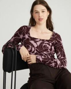 Agatha Rose Print Square Neck Liquid Jersey Top - Black Cherry