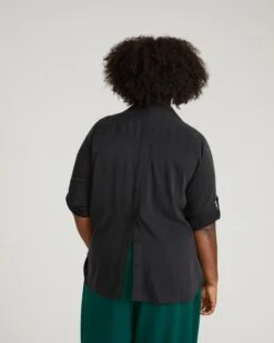 Women's Black Stretch Cupro Polo Shirt with Button Back Detail 7 Women's Black Stretch Cupro Polo Shirt with Button Back Detail -UNIVERSAL STANDARD USTO1905BXP 001 Stretch Cupro Button Back Polo Black 003 239