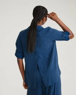 Stretch Cupro Polo Shirt with Button Back Detail - Pageant Blue