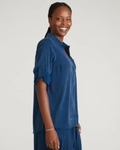 Stretch Cupro Polo Shirt with Button Back Detail - Pageant Blue -UNIVERSAL STANDARD USTO1905BXP 930 Stretch Cupro Button Back Polo Pageant Blue 003 074