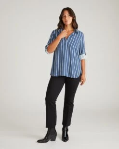 Stretch Cupro Polo Shirt - Striped Button Back Blouse in Ensign Blue 13 Stretch Cupro Polo Shirt - Striped Button Back Blouse in Ensign Blue -UNIVERSAL STANDARD USTO1905XP 924 Stretch Cupro Button Back Polo Ensign Blue Stripe 001 002