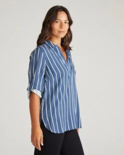 Stretch Cupro Polo Shirt - Striped Button Back Blouse in Ensign Blue 14 Stretch Cupro Polo Shirt - Striped Button Back Blouse in Ensign Blue -UNIVERSAL STANDARD USTO1905XP 924 Stretch Cupro Button Back Polo Ensign Blue Stripe 002 016
