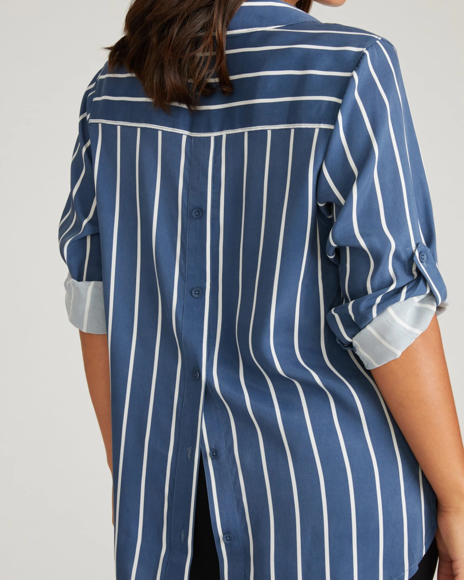 Stretch Cupro Polo Shirt - Striped Button Back Blouse in Ensign Blue 9 Stretch Cupro Polo Shirt - Striped Button Back Blouse in Ensign Blue - Image 7