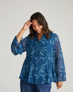 Rose Print Chiffon Blouse in Deep Teal - Elegant Floral Top