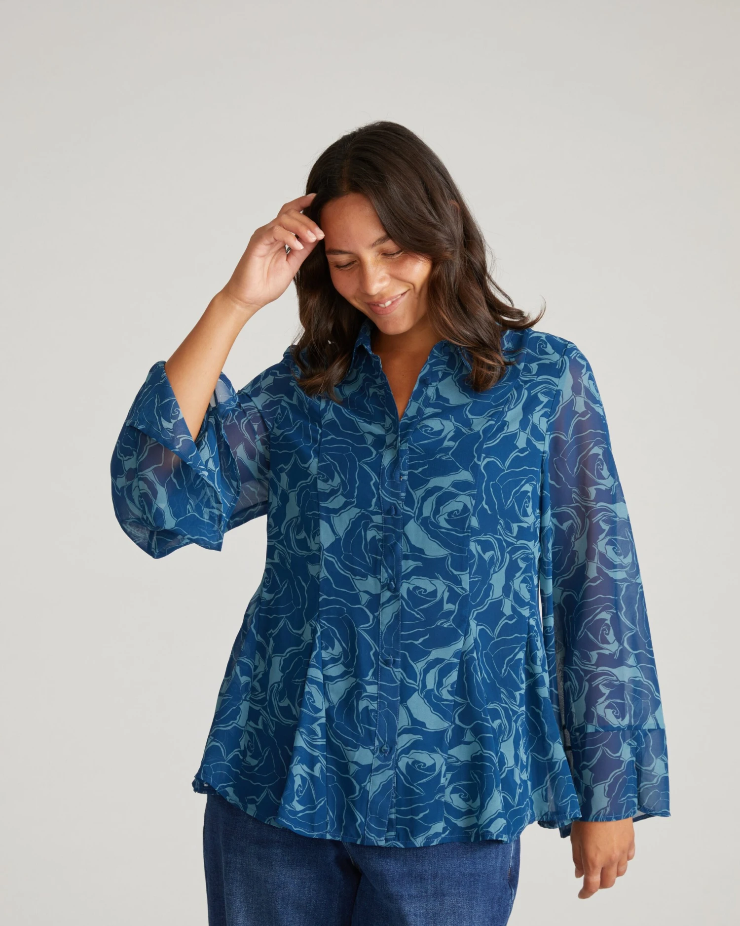 Rose Print Chiffon Blouse in Deep Teal - Elegant Floral Top 3 Rose Print Chiffon Blouse in Deep Teal - Elegant Floral Top