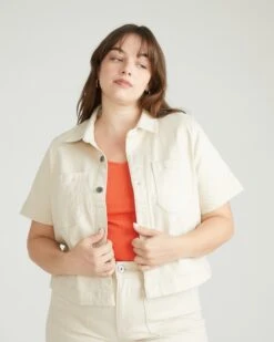 Flynn Short Sleeve Denim Shacket - Ecru 14 Flynn Short Sleeve Denim Shacket - Ecru -UNIVERSAL STANDARD USTO1938 701Denim Cropped Shacket in Overdyed DenimEcru 001 005