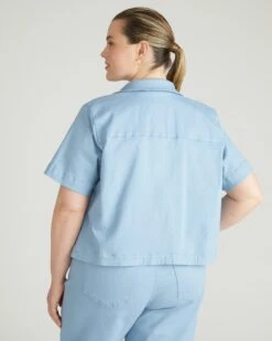 Flynn Short Sleeve Denim Shacket - Clear Sky Blue 7 Flynn Short Sleeve Denim Shacket - Clear Sky Blue -UNIVERSAL STANDARD USTO1938 715Denim Cropped Shacket in Overdyed DenimPale Blue 003 011