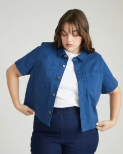 Flynn Short Sleeve Denim Shacket - French Blue 12 Flynn Short Sleeve Denim Shacket - French Blue -UNIVERSAL STANDARD USTO1938 844Denim Cropped Shacket in Overdyed DenimFrench Blue 001 004