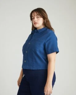Flynn Short Sleeve Denim Shacket - French Blue 14 Flynn Short Sleeve Denim Shacket - French Blue -UNIVERSAL STANDARD USTO1938 844Denim Cropped Shacket in Overdyed DenimFrench Blue 003 013