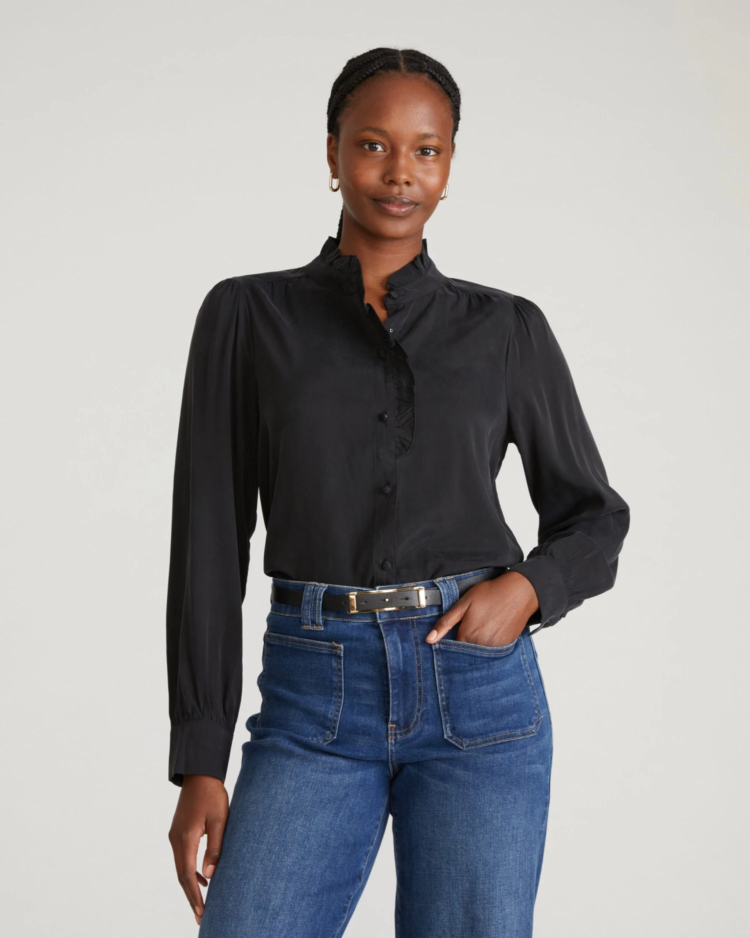 Endora Stretch Cupro Blouse - Black Ruffle Collar Silk-Like Top 3 Endora Stretch Cupro Blouse - Black Ruffle Collar Silk-Like Top